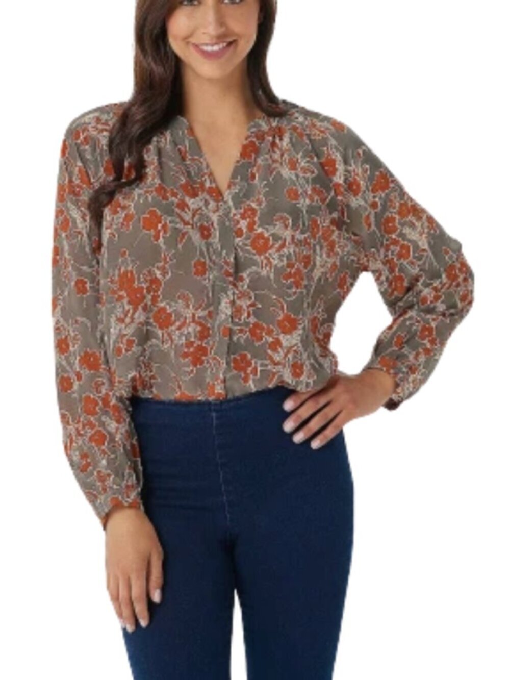 Floral Blouse XL Long Sleeve V Neck Rust Orange Fall Boho Bishop + Young Top
